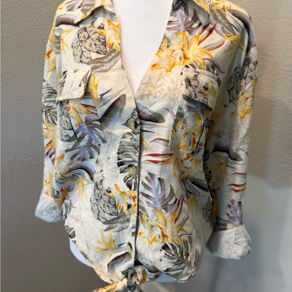GUESS Floral Tie-Hem Button Shirt in Cream, Yellow & Lavender